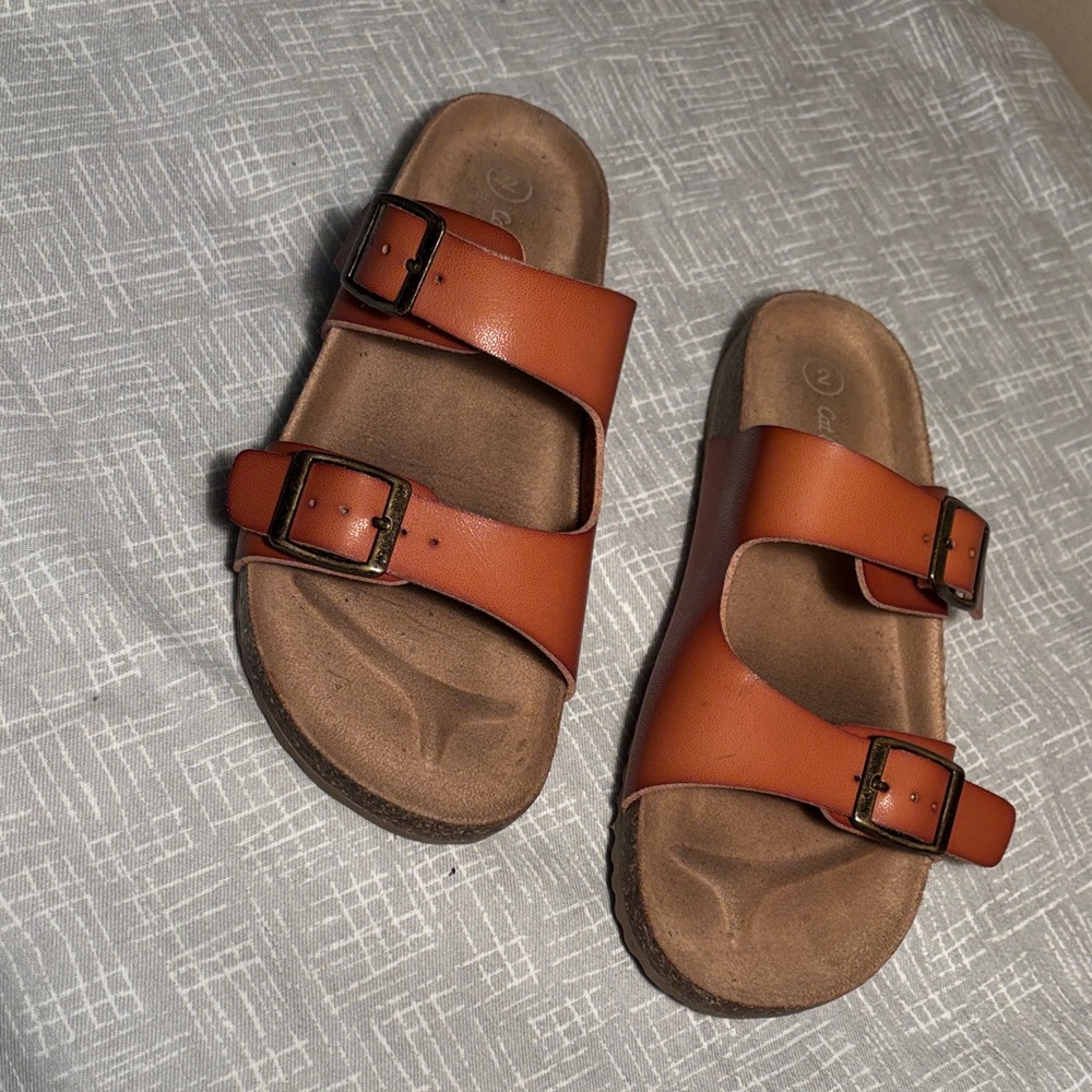 Girls Tan Double-Strap Slide Sandals with Buckles